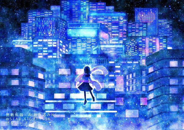 原创, 风景, 女孩子, 插画, night view, 围巾